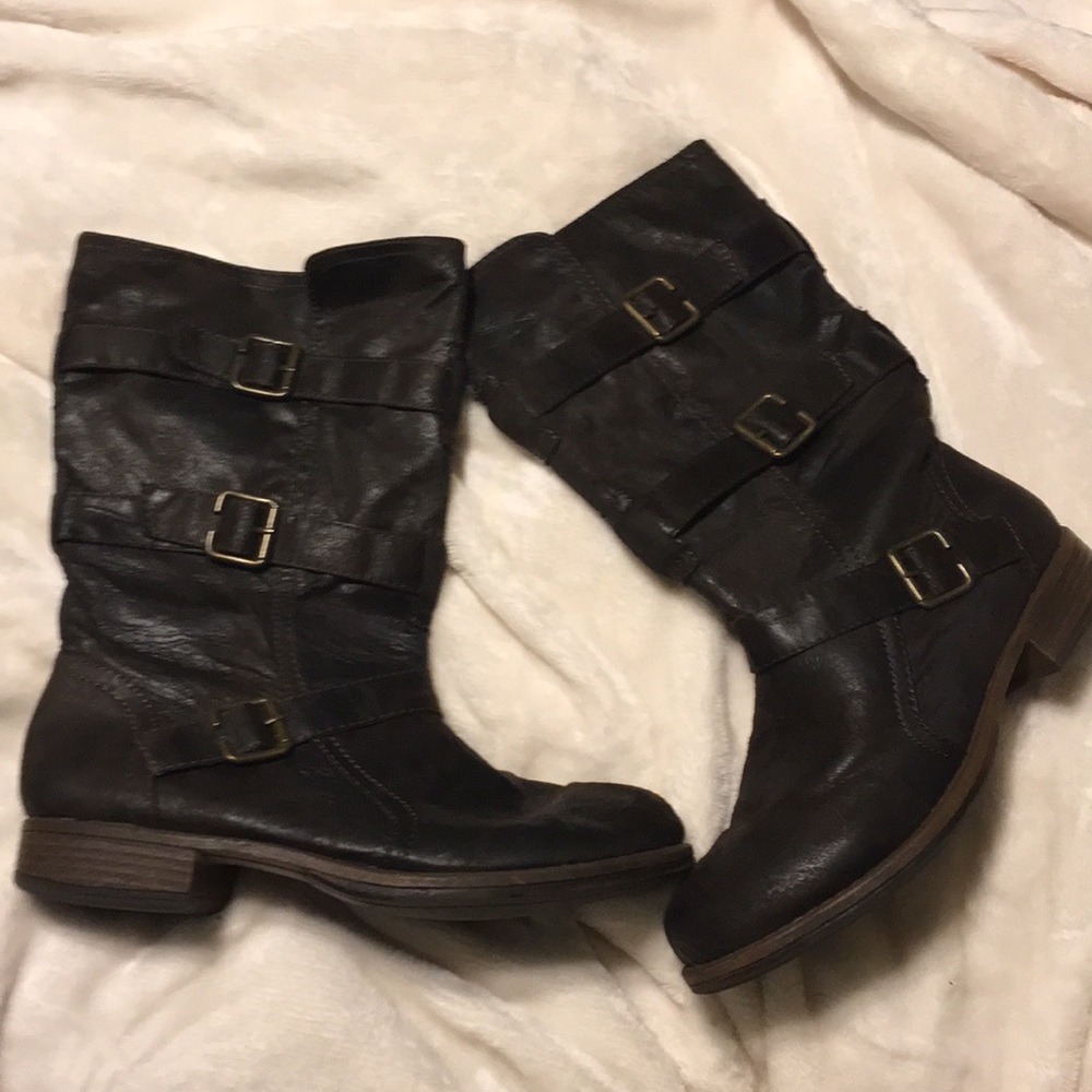 Dark brown distressed faux suede boots